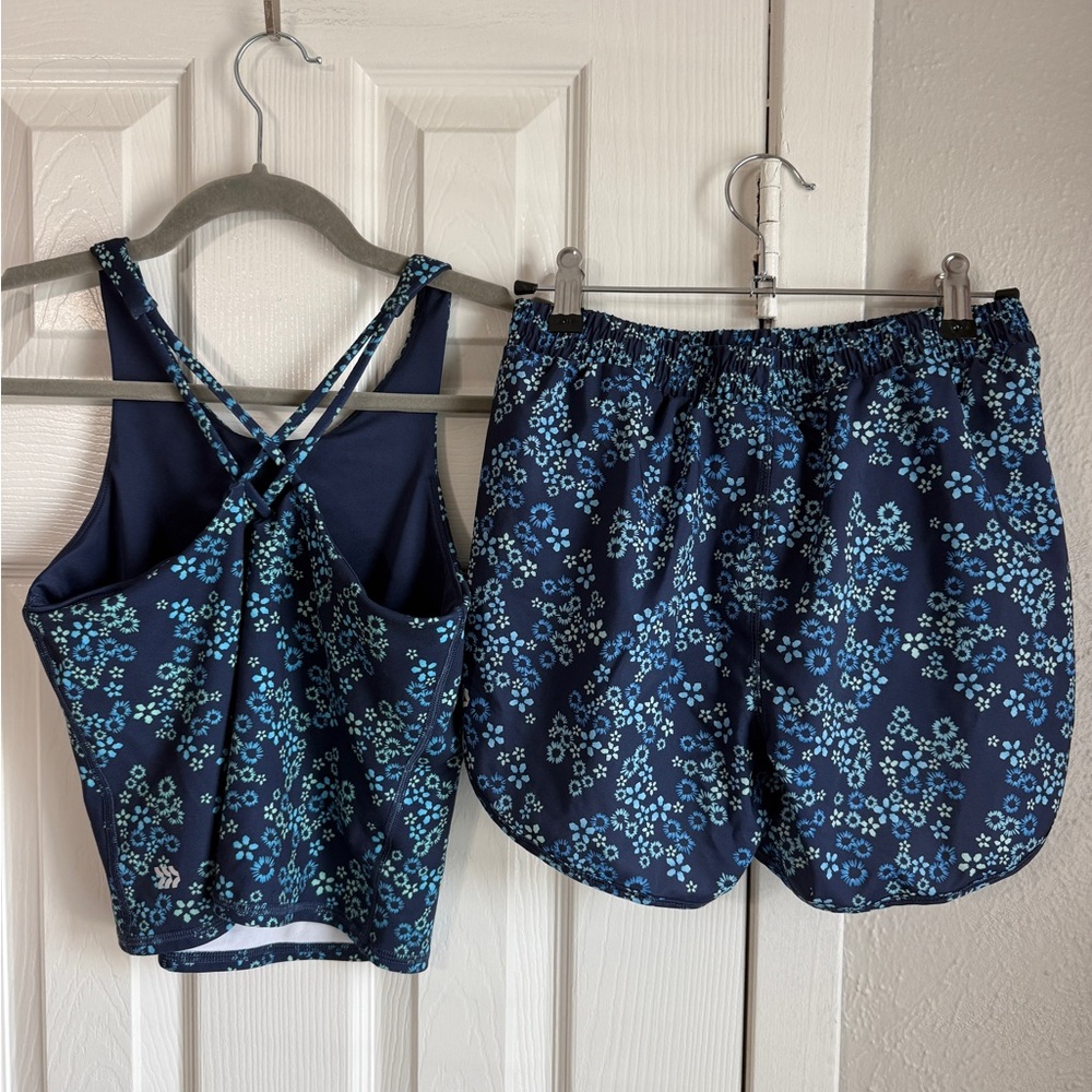 ALL IN MOTION Matching Set Shorts and Tank Top Athletic 2PC Set Blue Floral XS - Picture 2 of 11